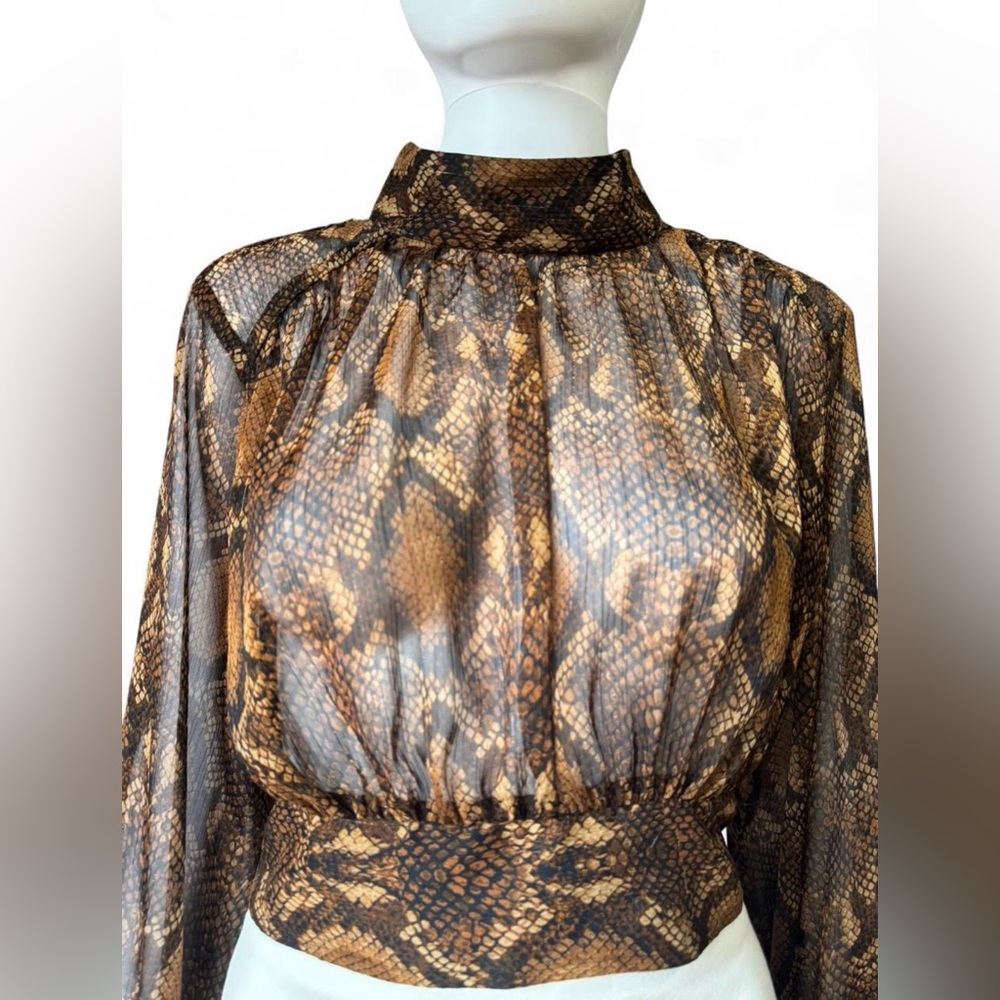 Zara Brown and Tan Snake-Print Sheer Blouse
